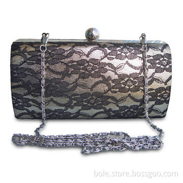 Evening Bag with Lace, Long Metal Chain Shoulder Strap, Metal Clip for Closure